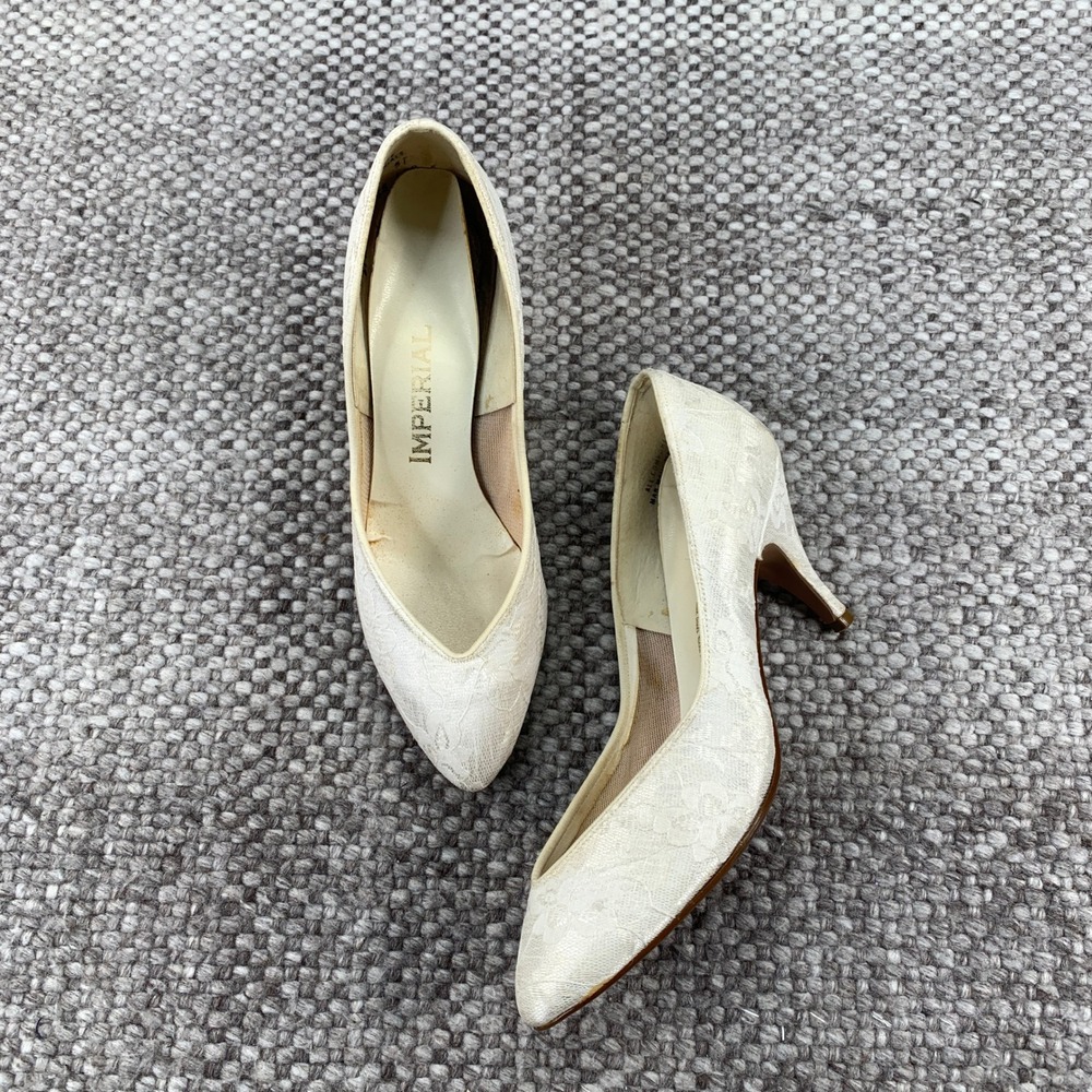 Imperial Pumps Women 5.5 M White Floral Lace Vintage Pointed Toe Heels 2495